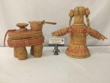 Two colorful woven wicker figures: woman & elephant container. Largest approx. 4x12x8.5 inches.