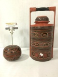 Pair of Asian wooden lacquerware food containers decorated w/ animal designs. approx. 6x6x12 inches