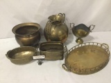 Collection of 6 vintage brass pieces. Server, spittoon and more+ Platter approx 20x11x2.5 inches.