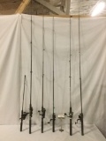 6 fishing rods: Zebco, Mitchell, Shakespeare, Quantum, Silstar approx. 78x8x5 inches. See pics.