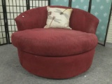 Robinson & Robinson Inc. round red rotating lounge chair w/Tratford dragonfly pillow, wear, see pics