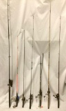 7 fishing rods w/ reels: Ryobi MD 40/Master Sidewinder SW85, Shakespeare Rainbow, Olympic 2000 +more