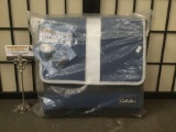 Cabelas blue Collapsible Single Cooler w/36 can capacity & Backsaver strap in bag, approx 14x13x4 in