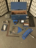 Blue wooden tool box filled w/ misc. metal tools, a motor, & more. Approx. 23x11x11 inches.