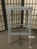 Lyon metal shop stool from Aurora, Illinois, in great shape, approx, 24x14x14 inches.