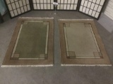 Pair of gray & green rugs w/short fringe, some wear, see pics, approx. 38x25 inches each.