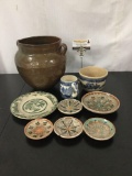 Collection of 9 vintage stoneware pieces. Plates, bowl, cup, urn and more.