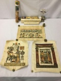 Seven Egyptian prints on papyrus w/hieroglyphics & mythic Egyptian characters.