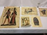 5 Egyptian prints on papyrus of Egyptian gods, pharaohs & hieroglyphics.