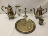 5 silver tone items, incl. Sterling weighted candle stick, platter, two kettles, & cup.