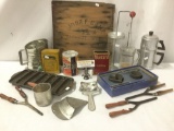 15+ vintage kitchen primitives incl. mayonnaise jars, tins/tools, cast iron cornbread pan etc