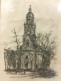 Framed wood cut block print of a church - St. Johns Cathedral - signed by artist John Nielson.