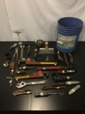 Bucket full of 27 misc. tools: monkey wrenchs, pipe clamps, pliers, hooks, & more!