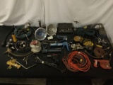 Over 30 misc. tools & lights: caulk guns, bungee chords, 6 flood lights, & more!