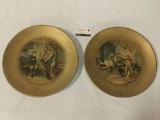 Pair of vintage character plates w/printed images of families, signed Opaque Wilhelmsburg on bottom.