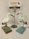 Pair of painted wood & wire bird statues, some wear, see pics, approx. 4x3x6 inches each.