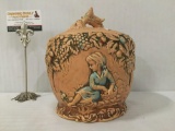 Vintage Arcadia ceramic cookie jar C-6672 w/ bird, grape leaf, & child designs. Some wear, see pics.
