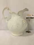 Vintage Etruria Mellor & Co. ceramic pitcher w/snowflake & flower designs, approx. 13x12x9 inches.