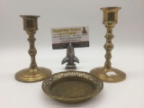 Two brass candle sticks & a brass S. Sternau & Co. ashtray, from New York.