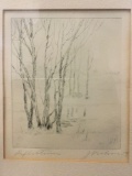 Vintage signed print of trees and water.