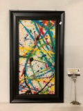 Framed cloth splatter paint abstract art piece, approx 14 x 24 inches