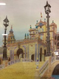 Framed original colored pencil architecture drawing signed by artist Grady Kelly-Post, approx 24 x