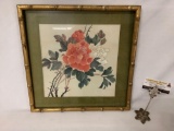 Framed Asian fabric artwork of flowers, approx 17x17 inches