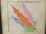 Framed original crayon art piece w/colorful lavender & grid work design, signed by artist G. Kelly.