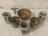 Six pieces of Asian stoneware pottery, incl. a bowl & five cups, 6x6x5 inches.