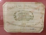 Framed 1962 Chateau-Margaux Grand Vin wine label, some wear, see pics, approx. 14x13x2 inches.