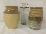 Two stoneware pottery vases, signed by unknown artists, approx. 6x6x8 inches each.