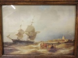 Vintage print of rowboat and ships. Measures approx 9x7 inches.