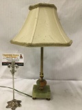 Small metal and composite lamp w/elegant buff colored shade, tested and working.