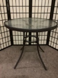 Metal & composite patio table, top needs to be secured to base, approx. 30x30x28 inches.