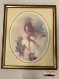 Vintage framed print portrait of a woman in bonnet, artist unknown, approximately 19 x 23 inches.