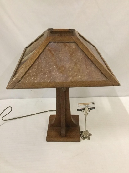 Vintage mission style lamp w/ stained glass panels. 1 panel has small chip. Tested and working