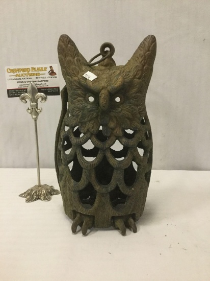 Vintage metal owl shaped hanging candle holder, some wear, see pics. approx. 10x6x5 inches.
