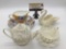 Vintage Foley porcelain creamer, Staffordshire plate, Lenox swan bowl & doily teacup.