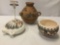 3 Native American pottery pieces: signed Acoma Pueblo vase, 2-handled jug, 3-handled vase 10x10x9 in