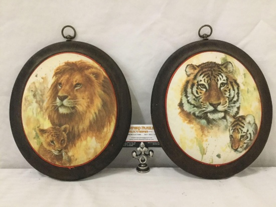 Pair of portrait "egg" shape 1970's wall hanging Tiger pictures , approx. 12x10 inches.