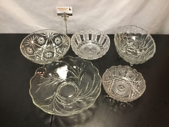 5 pc crystal & glass lot incl. leaded crystal bowls w/ classic design, footed dish +