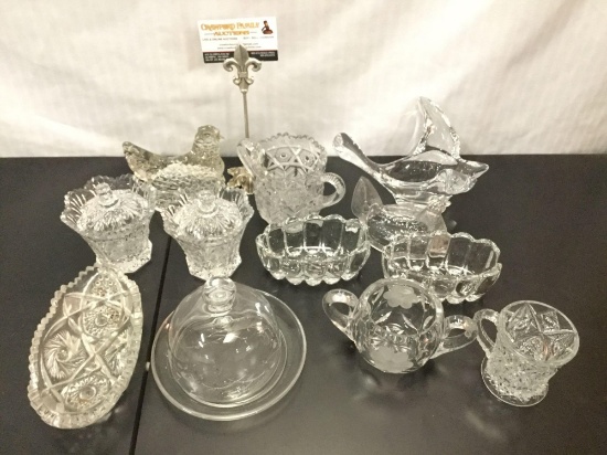 12 pc glass and crystal lot - misc pcs incl. lidded sugar/candy. approx. 9x8x4 inches.