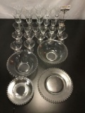 34 pc partial vintage glass plate & wine/cocktail glasses set - beaded design