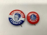 Vintage 1972 reproductions of Kennedy and Truman campaign pins.