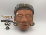Clay ethnic face mask w/ colorful painted headdress & earrings approx. 8x8x4 inches.