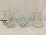 7 pc Crystal and glass decor collection: basket, antique pitcher, & more. Approx. 11x8x6 in.
