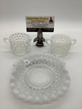 Collection of 3 vintage Fenton hobnail opalescent Moon Glow glass pieces. Plate, cream, and sugar.