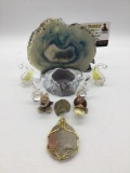 Agate Alaska themed candlholder + 8 small collectibles: Wade porcelain Crocodile & stone pendant.