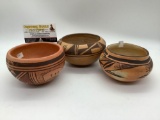 3x Native American stoneware bowls. One signed by artist Frieda Poleahla. Largest approx 5.5x5.5x3