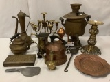 Lot of antique/vintage copper and brass home decor. Ewers, candlesticks, and more